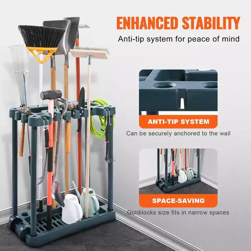 Organizzatore per attrezzi da giardino, 10 scomparti, porta attrezzi da giardino verticale per l'organizzazione e lo stoccaggio in garage, per attrezzi a manico lungo, rastrelli, scope, pale