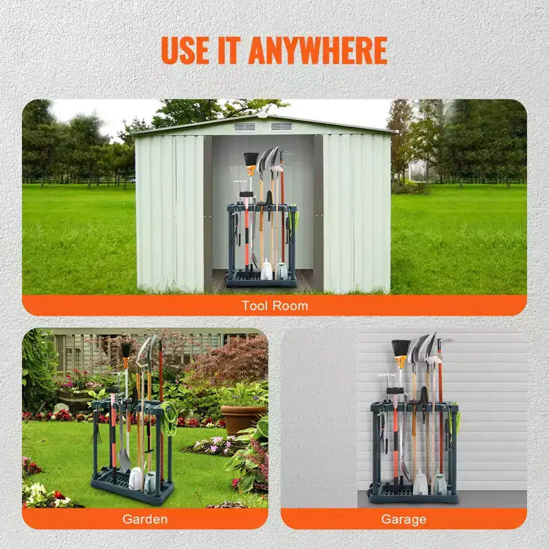 Organizzatore per attrezzi da giardino, 10 scomparti, porta attrezzi da giardino verticale per l'organizzazione e lo stoccaggio in garage, per attrezzi a manico lungo, rastrelli, scope, pale