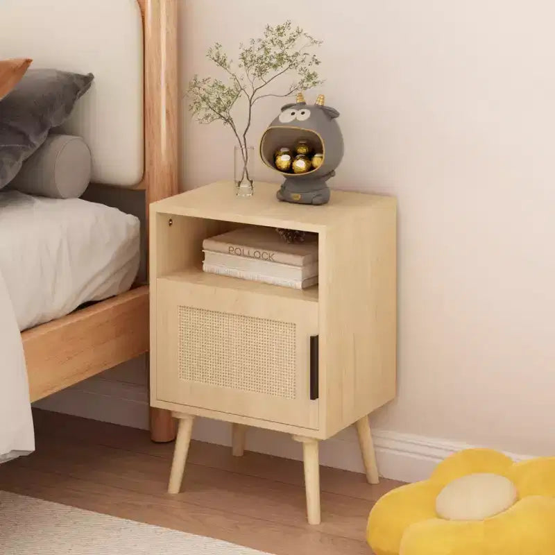 Rattan Nightstand Wood Nightstand End Table Accent Bedside Side Table with Open Shelf, Modern & Natural Aesthetic