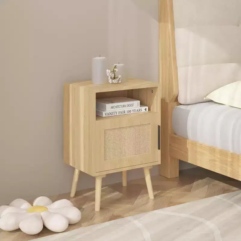 Comodino in Rattan, Comodino in Legno, Tavolino, Tavolino d'Appoggio, Tavolino da Comodino con Ripiano Aperto, Estetica Moderna e Naturale