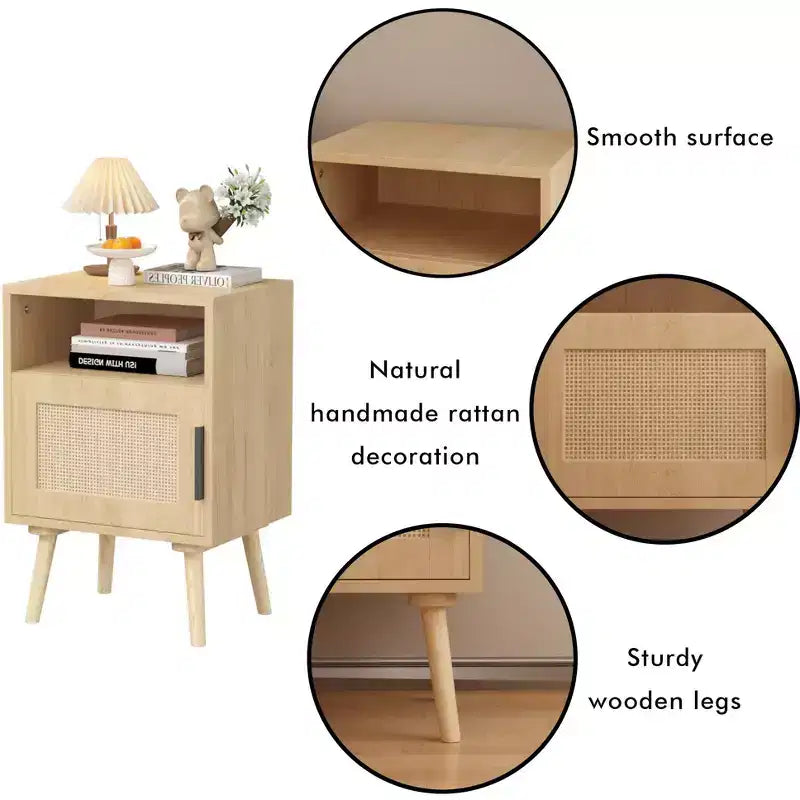Comodino in Rattan, Comodino in Legno, Tavolino, Tavolino d'Appoggio, Tavolino da Comodino con Ripiano Aperto, Estetica Moderna e Naturale
