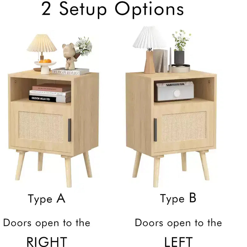Comodino in Rattan, Comodino in Legno, Tavolino, Tavolino d'Appoggio, Tavolino da Comodino con Ripiano Aperto, Estetica Moderna e Naturale