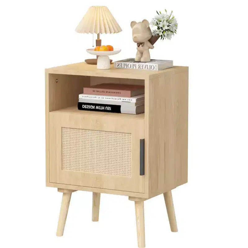 Comodino in Rattan, Comodino in Legno, Tavolino, Tavolino d'Appoggio, Tavolino da Comodino con Ripiano Aperto, Estetica Moderna e Naturale