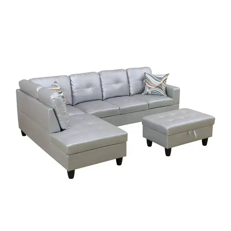 Divano componibile moderno in pelle grigia con pouf contenitore