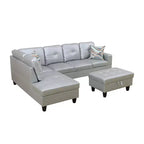 Divano componibile moderno in pelle grigia con pouf contenitore