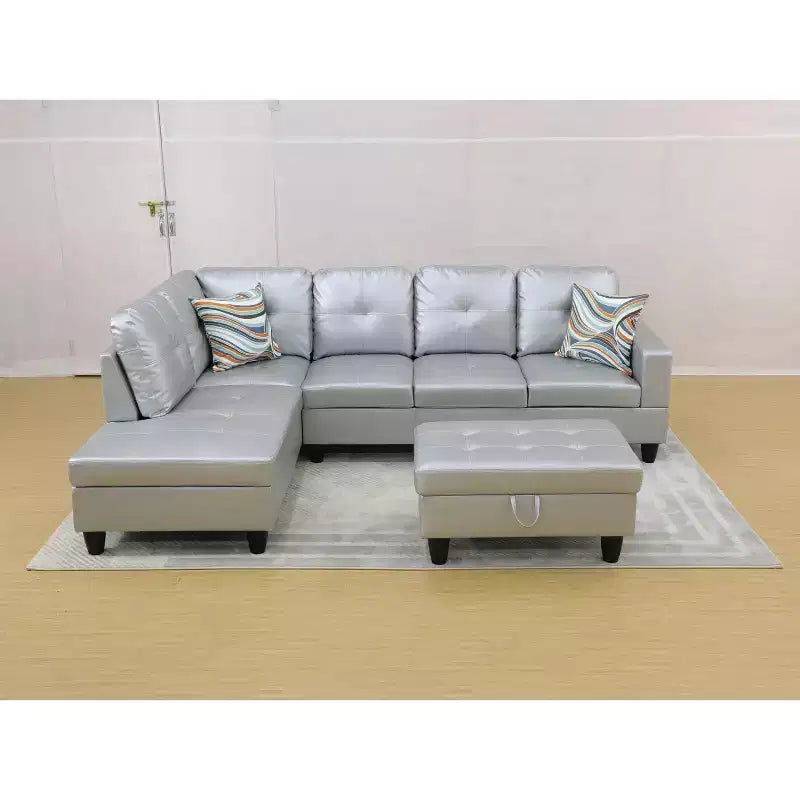 Modern Grey Leather Sectional Sofa with Storage Ottoman
