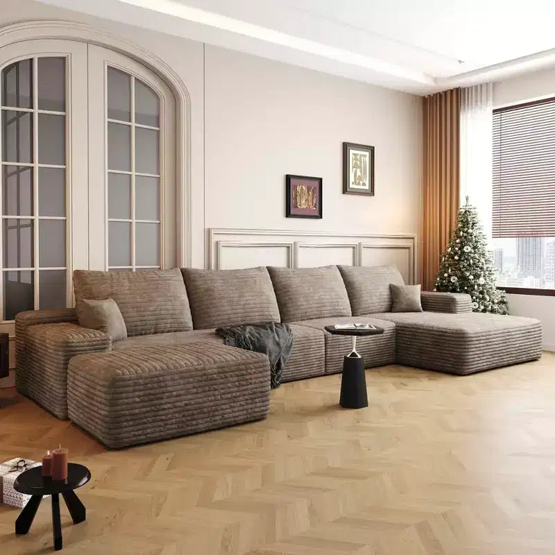 135 Divano Cloud + Pouf Cammello, 135 + Pouf, Velluto a Coste, A U, Nessun Montaggio, per Soggiorno