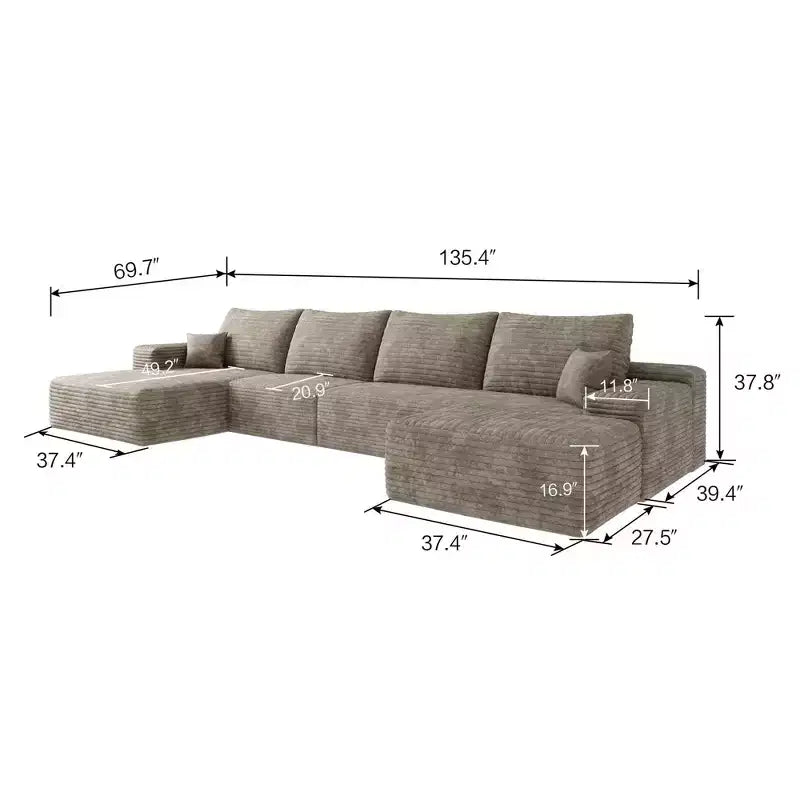 135 Divano Cloud + Pouf Cammello, 135 + Pouf, Velluto a Coste, A U, Nessun Montaggio, per Soggiorno
