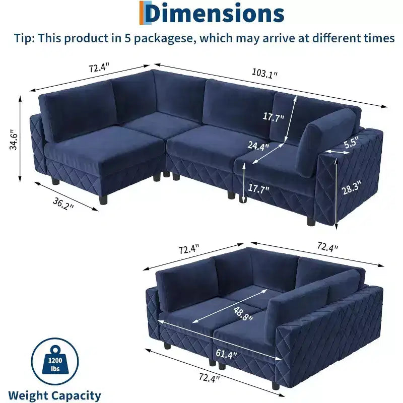 134 Modular Sectional Sofa, 4, Seat L, Shaped Velvet Couch with High, Density Cushions, Upholstered Cloud Sofa, Blue