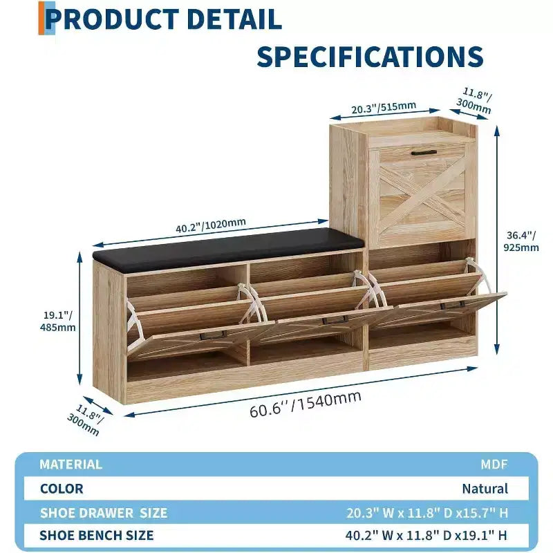 Shoe Storage Bench with Flip Drawers, Padded Seat Entryway Bench, Narrow Hidden Shoe Cabinet Organizer for Hallway Living Room