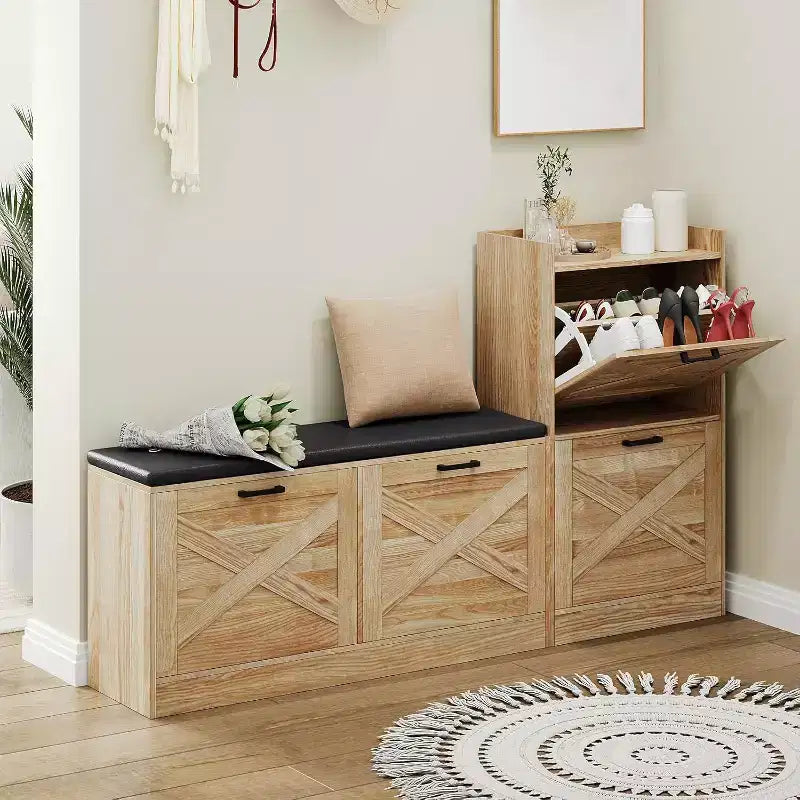 Shoe Storage Bench with Flip Drawers, Padded Seat Entryway Bench, Narrow Hidden Shoe Cabinet Organizer for Hallway Living Room
