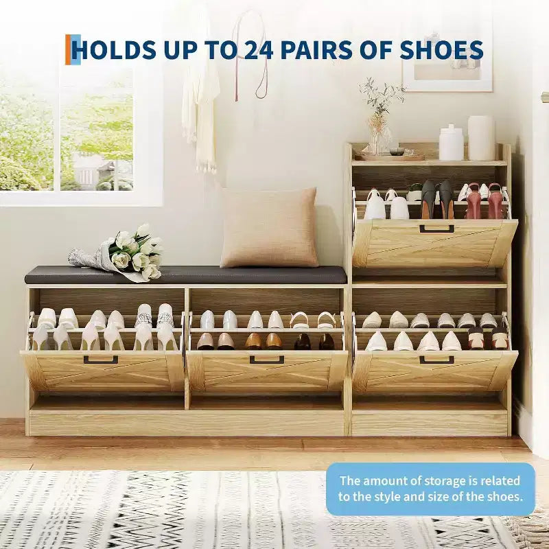 Shoe Storage Bench with Flip Drawers, Padded Seat Entryway Bench, Narrow Hidden Shoe Cabinet Organizer for Hallway Living Room