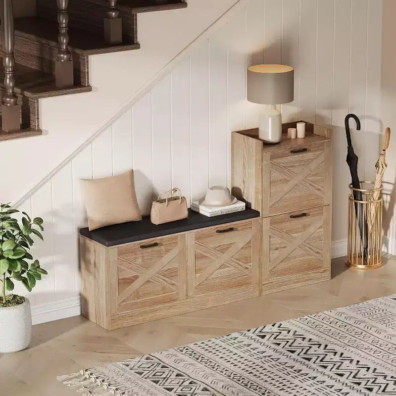 Shoe Storage Bench with Flip Drawers, Padded Seat Entryway Bench, Narrow Hidden Shoe Cabinet Organizer for Hallway Living Room
