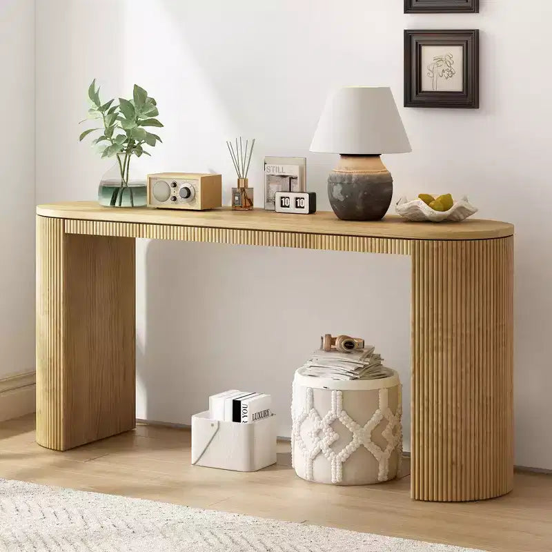Consolle moderna con gambe curve, Consolle da ingresso a righe verticali con piano spesso, Consolle stretta per soggiorno, ingresso