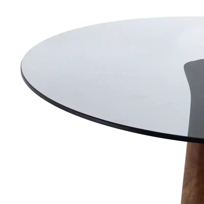 Elegante tavolino laterale con ripiano in vetro e base in legno, per soggiorno, tavolino scultoreo stretto per l'ingresso, 21, marrone e trasparente