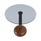 Elegante tavolino laterale con ripiano in vetro e base in legno, per soggiorno, tavolino scultoreo stretto per l'ingresso, 21, marrone e trasparente