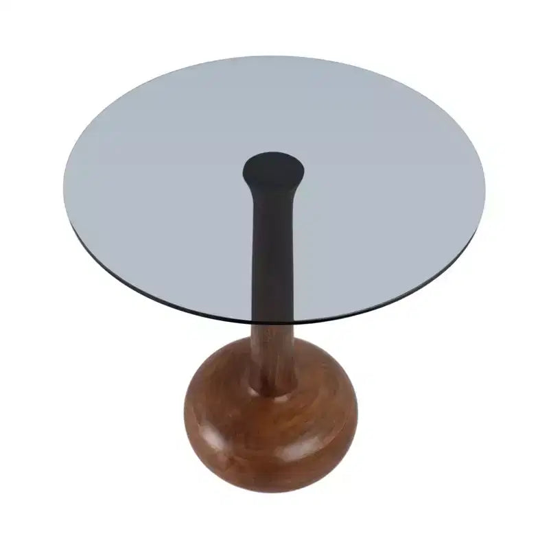 Elegante tavolino laterale con ripiano in vetro e base in legno, per soggiorno, tavolino scultoreo stretto per l'ingresso, 21, marrone e trasparente