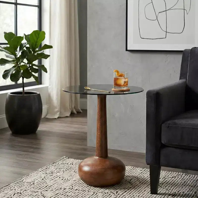 Elegant Glass, Top Wood Pedestal Side Table for Living Room Accent, Sculptural Narrow End Table for Entryway Styling, 21, Brown & Clear