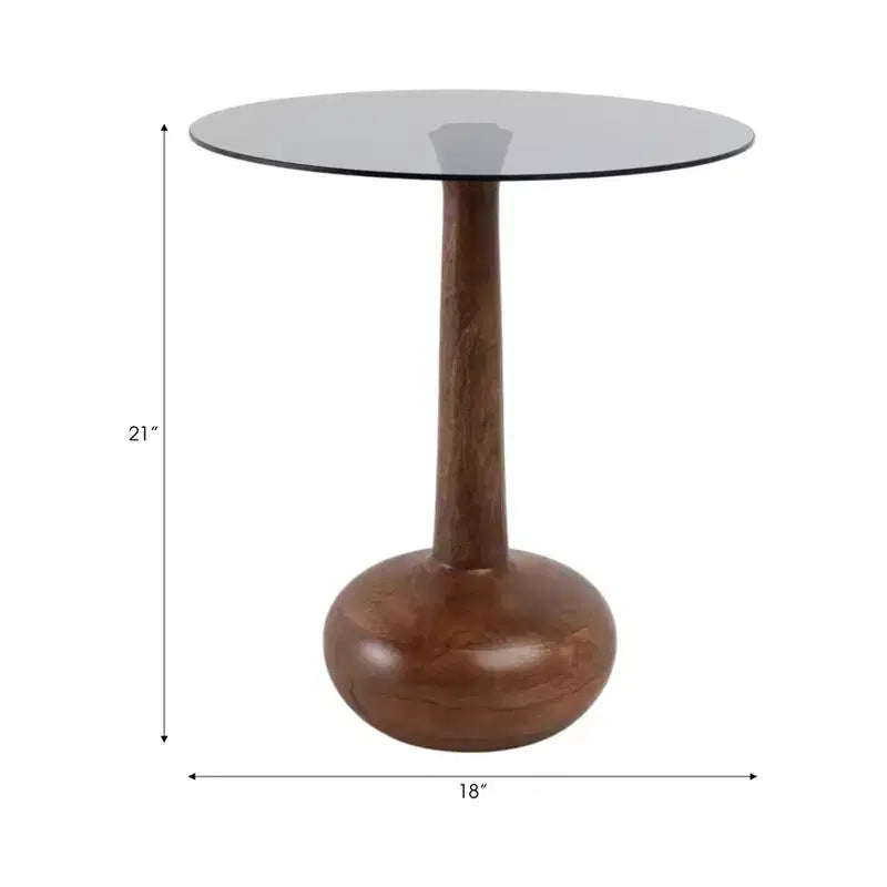 Elegant Glass, Top Wood Pedestal Side Table for Living Room Accent, Sculptural Narrow End Table for Entryway Styling, 21, Brown & Clear