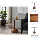 Elegante tavolino laterale con ripiano in vetro e base in legno, per soggiorno, tavolino scultoreo stretto per l'ingresso, 21, marrone e trasparente