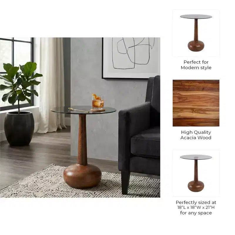 Elegant Glass, Top Wood Pedestal Side Table for Living Room Accent, Sculptural Narrow End Table for Entryway Styling, 21, Brown & Clear