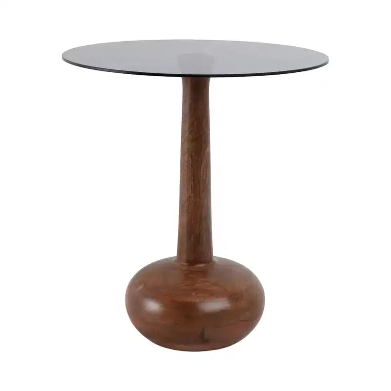 Elegante tavolino laterale con ripiano in vetro e base in legno, per soggiorno, tavolino scultoreo stretto per l'ingresso, 21, marrone e trasparente