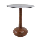 Elegante tavolino laterale con ripiano in vetro e base in legno, per soggiorno, tavolino scultoreo stretto per l'ingresso, 21, marrone e trasparente