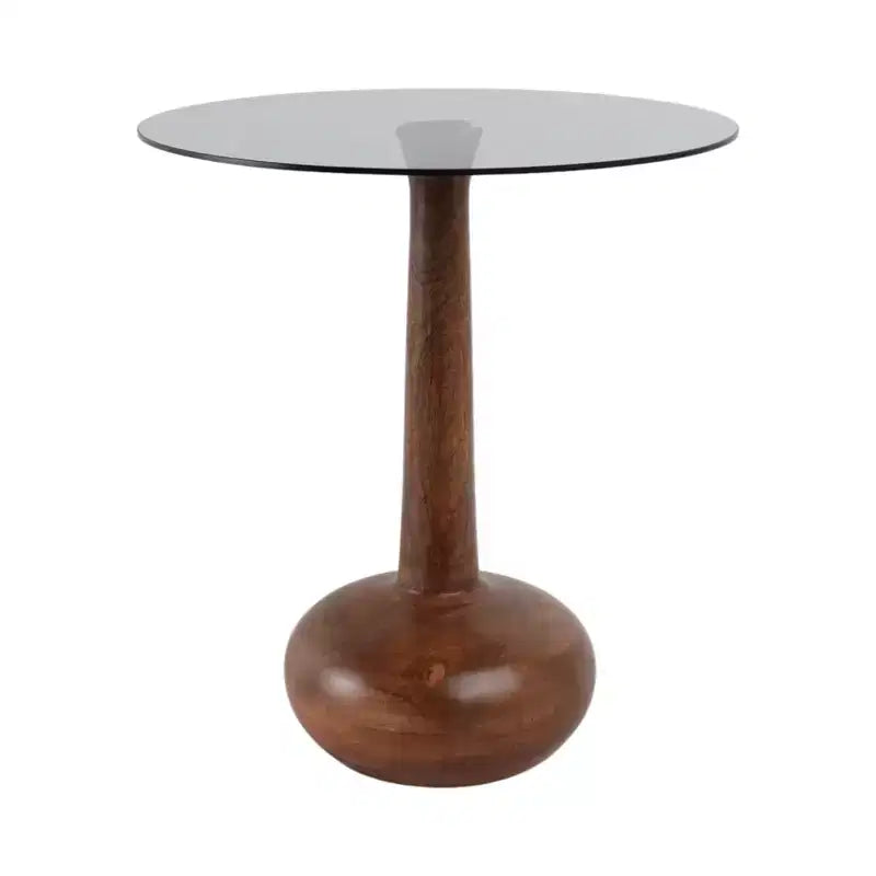 Elegante tavolino laterale con ripiano in vetro e base in legno, per soggiorno, tavolino scultoreo stretto per l'ingresso, 21, marrone e trasparente