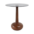 Elegante tavolino laterale con ripiano in vetro e base in legno, per soggiorno, tavolino scultoreo stretto per l'ingresso, 21, marrone e trasparente