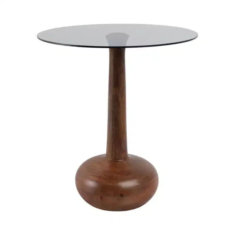 Elegante tavolino laterale con ripiano in vetro e base in legno, per soggiorno, tavolino scultoreo stretto per l'ingresso, 21, marrone e trasparente