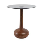 Elegante tavolino laterale con ripiano in vetro e base in legno, per soggiorno, tavolino scultoreo stretto per l'ingresso, 21, marrone e trasparente