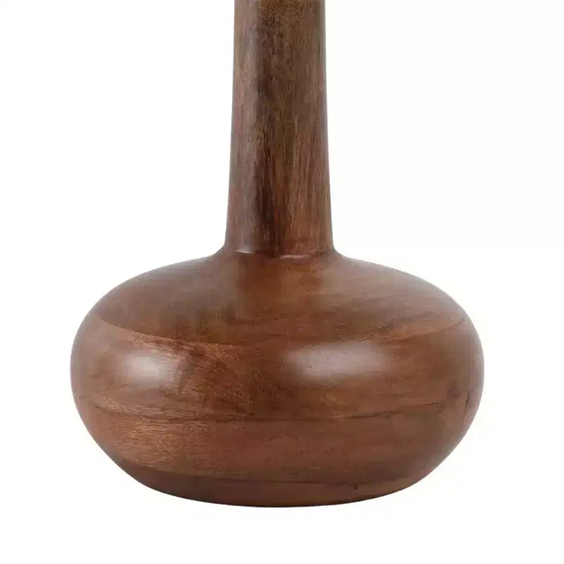 Elegante tavolino laterale con ripiano in vetro e base in legno, per soggiorno, tavolino scultoreo stretto per l'ingresso, 21, marrone e trasparente