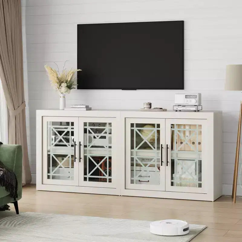 Buffet Storage Cabinet with 4 Glass Pattern Design Doors, 70.8 Wide Modern Coffee Bar Cabinet Wooden TV Stand for Kitchen Dining Room Living Room