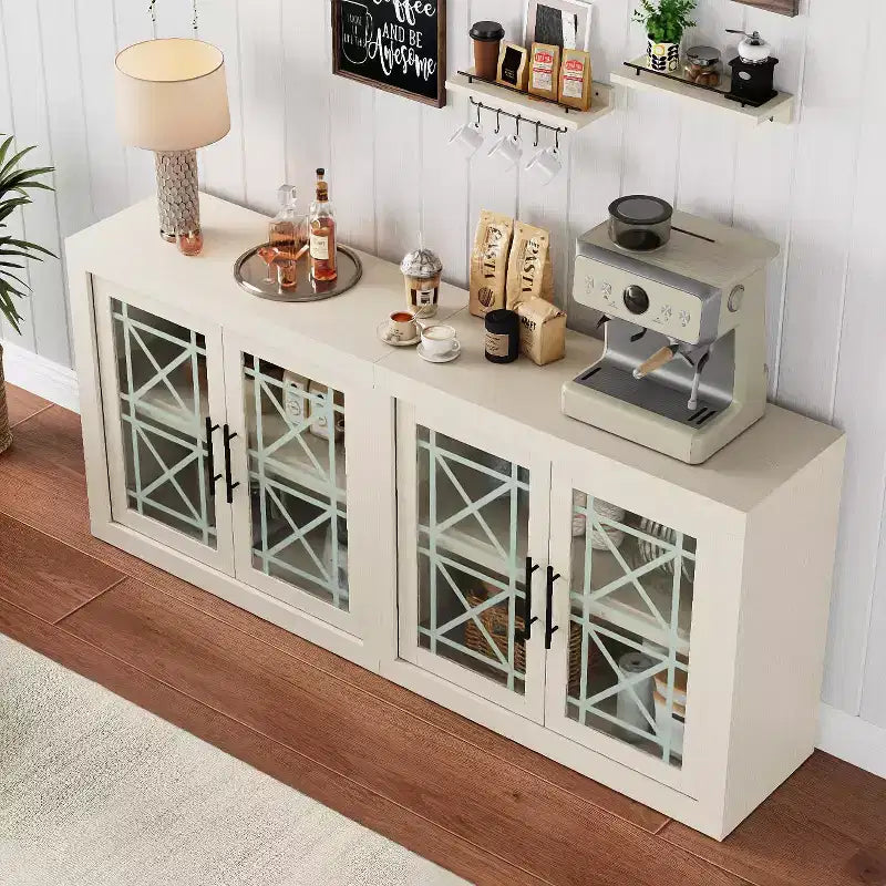 Buffet Storage Cabinet with 4 Glass Pattern Design Doors, 70.8 Wide Modern Coffee Bar Cabinet Wooden TV Stand for Kitchen Dining Room Living Room