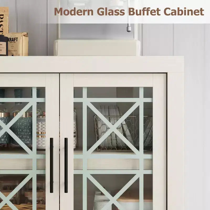 Buffet Storage Cabinet with 4 Glass Pattern Design Doors, 70.8 Wide Modern Coffee Bar Cabinet Wooden TV Stand for Kitchen Dining Room Living Room