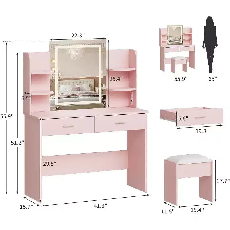 Vanity Desk with Lighted Mirror, Stool, Power Outlet, 6 Shelves, 2 Large Drawers, 3, Color Adjustable LED, Makeup Vanity for Bedroom, Pink