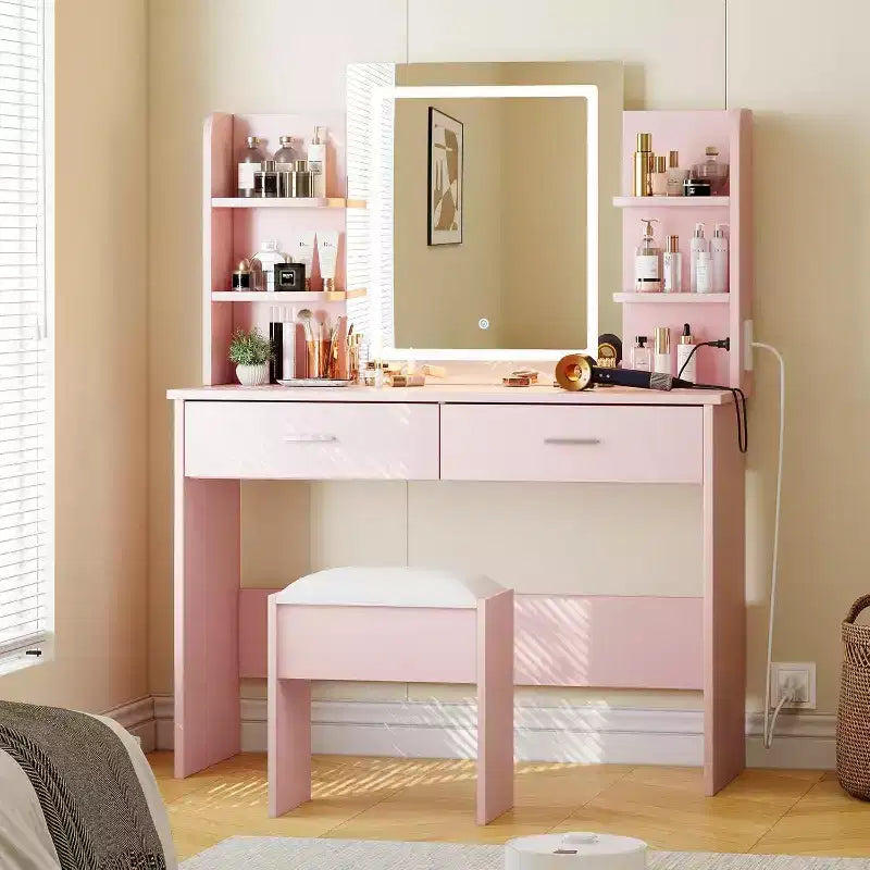 Toeletta con specchio illuminato, sgabello, presa di corrente, 6 ripiani, 2 cassetti grandi, 3 LED regolabili a colori, per camera da letto, rosa