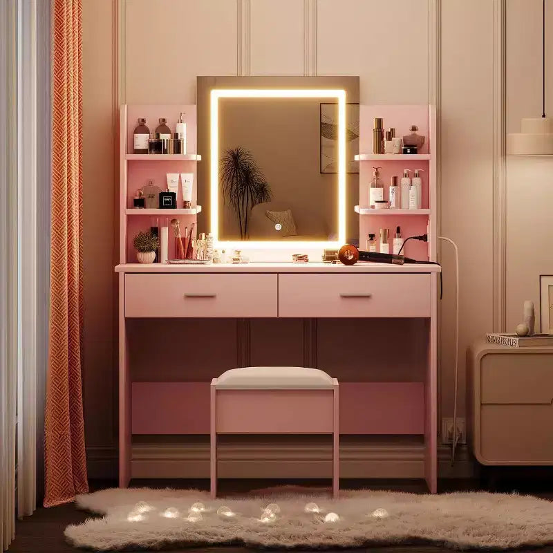 Vanity Desk with Lighted Mirror, Stool, Power Outlet, 6 Shelves, 2 Large Drawers, 3, Color Adjustable LED, Makeup Vanity for Bedroom, Pink