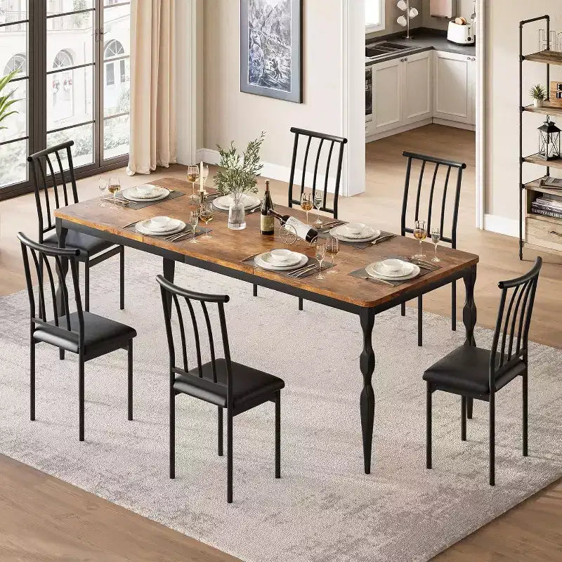 Tavolo da pranzo rettangolare rustico da 79'' per 6-8 persone, tavolo da cucina effetto legno con gambe robuste, facile da pulire