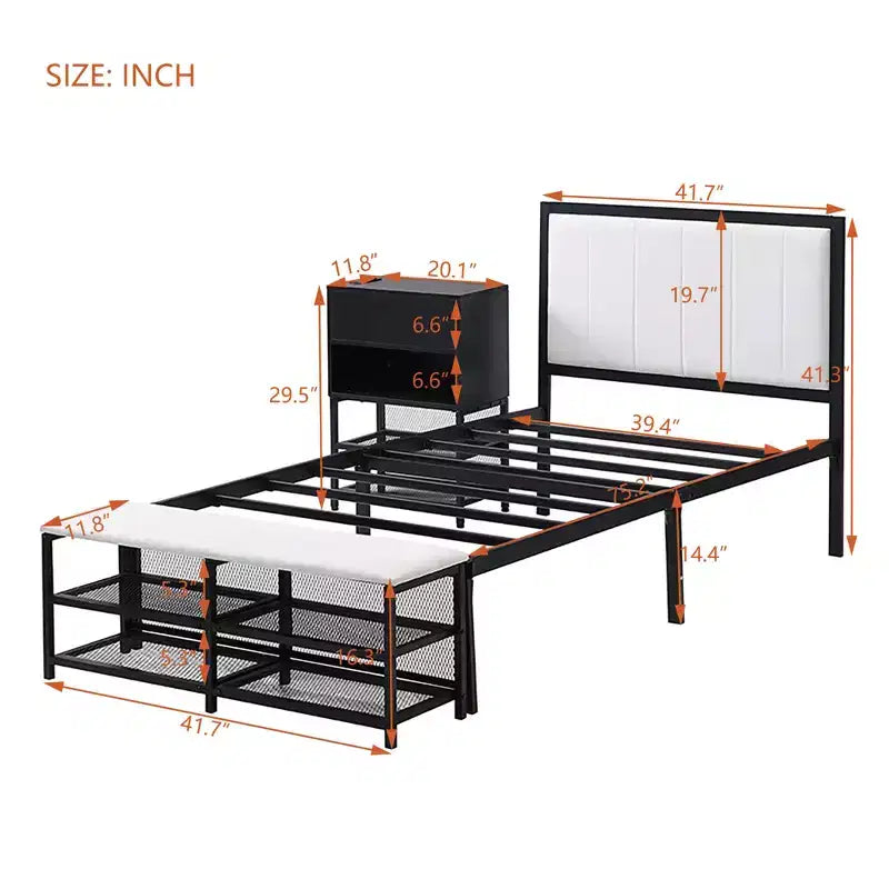Metal Platform Bed with Two, Tier Storage Shelves and Wooden Storage Cabinet
