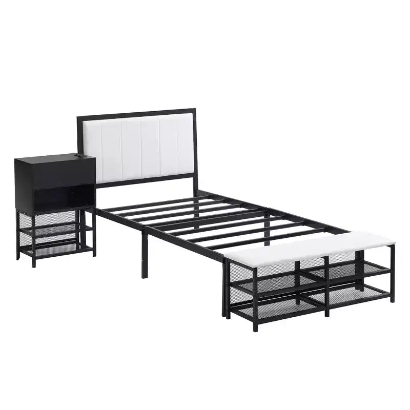 Metal Platform Bed with Two, Tier Storage Shelves and Wooden Storage Cabinet