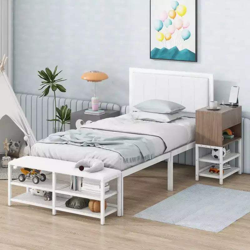 Metal Platform Bed with Two, Tier Storage Shelves and Wooden Storage Cabinet
