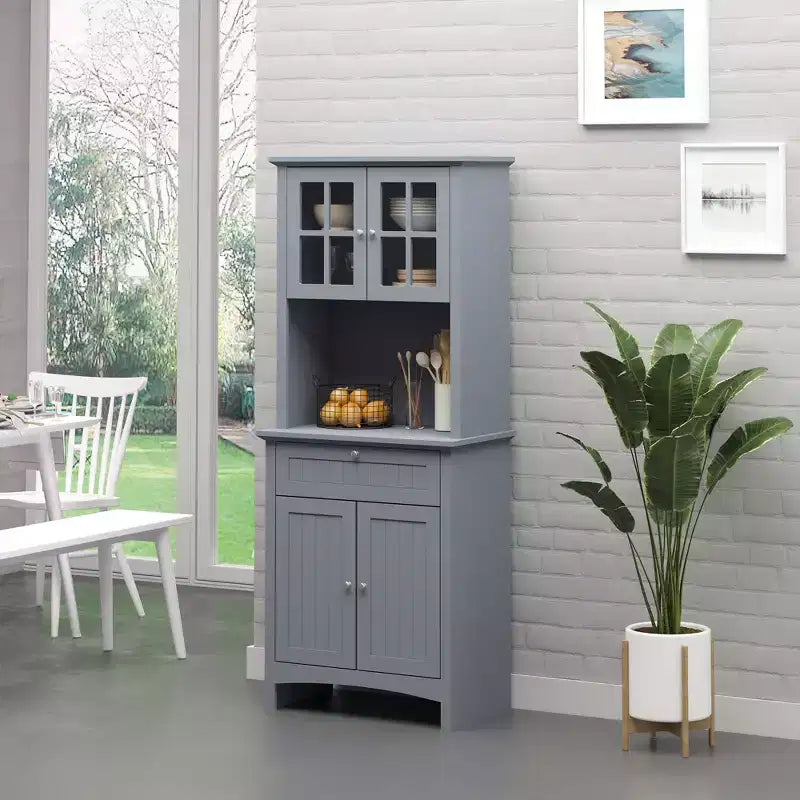 Elegante Credenza con Vetrina, Mobile Dispensa da Cucina con Anta in Vetro, Cassetto e Spazio per Microonde
