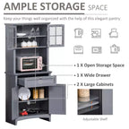 Elegante Credenza con Vetrina, Mobile Dispensa da Cucina con Anta in Vetro, Cassetto e Spazio per Microonde