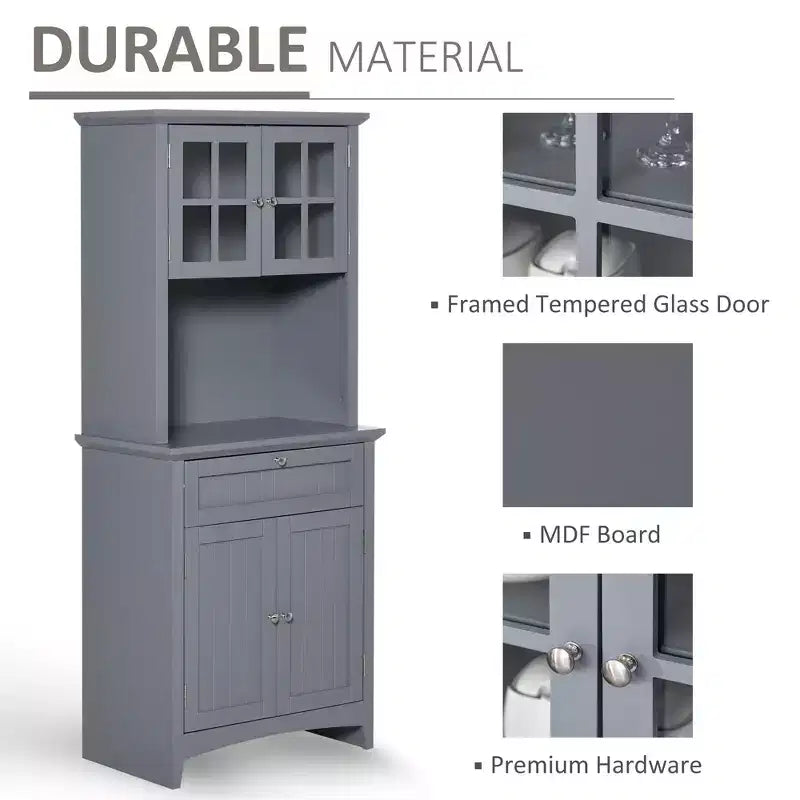 Elegante Credenza con Vetrina, Mobile Dispensa da Cucina con Anta in Vetro, Cassetto e Spazio per Microonde