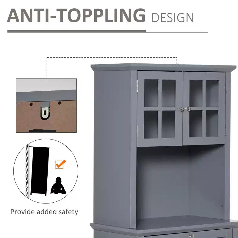 Elegante Credenza con Vetrina, Mobile Dispensa da Cucina con Anta in Vetro, Cassetto e Spazio per Microonde