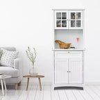 Elegante Credenza con Vetrina, Mobile Dispensa da Cucina con Anta in Vetro, Cassetto e Spazio per Microonde