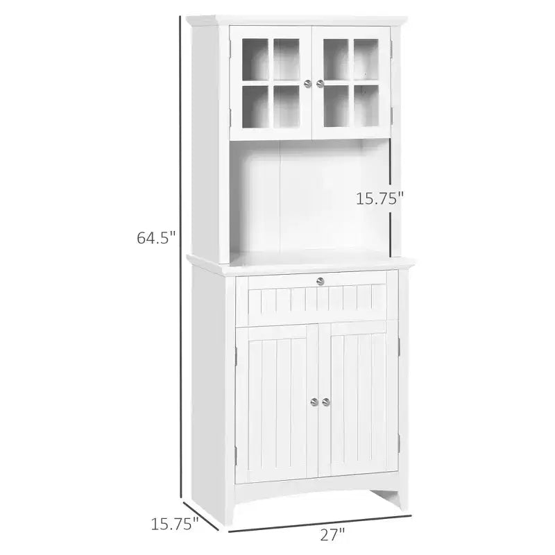 Elegante Credenza con Vetrina, Mobile Dispensa da Cucina con Anta in Vetro, Cassetto e Spazio per Microonde