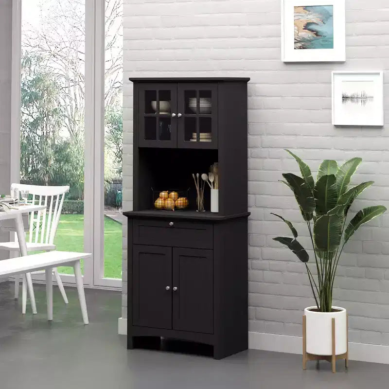 Elegante Credenza con Vetrina, Mobile Dispensa da Cucina con Anta in Vetro, Cassetto e Spazio per Microonde