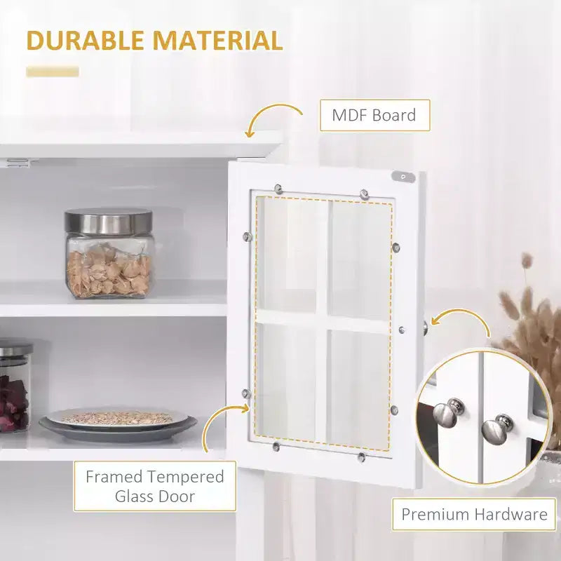 Elegante Credenza con Vetrina, Mobile Dispensa da Cucina con Anta in Vetro, Cassetto e Spazio per Microonde